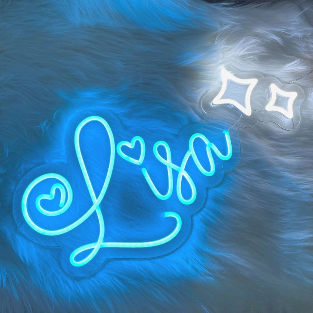 LISA LED Neon Name Sign by Neon.Shop adding vibrant LED glow to bedrooms, home offices, and living spaces.