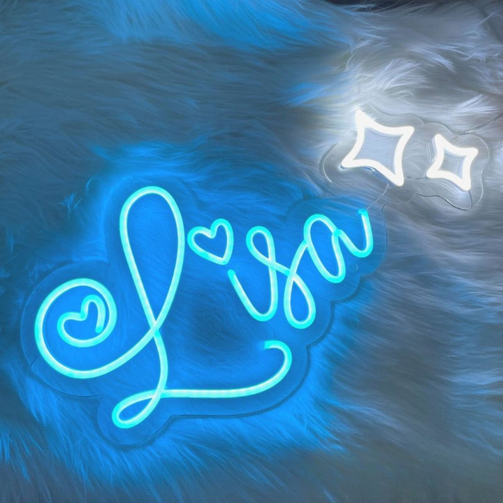 LISA LED Neon Name Sign by Neon.Shop adding vibrant LED glow to bedrooms, home offices, and living spaces.