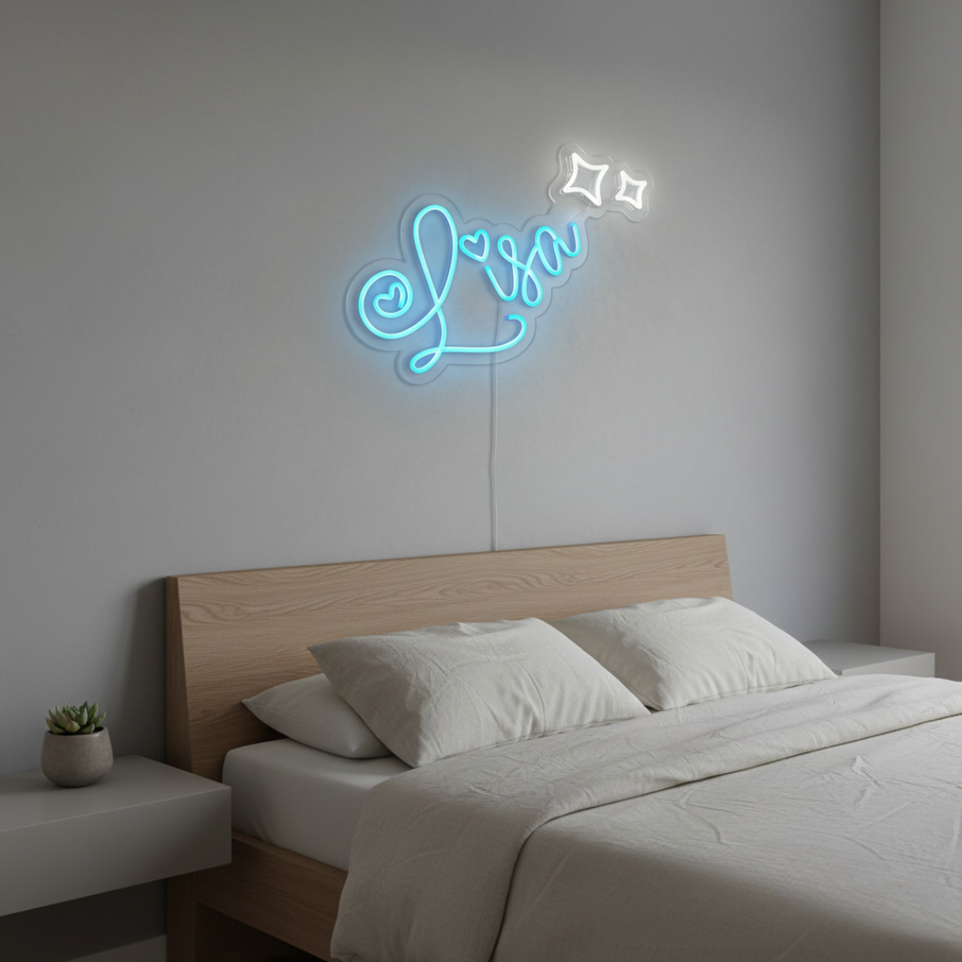 LISA LED Neon Name Sign by Neon.Shop adding vibrant LED glow to bedrooms, home offices, and living spaces.