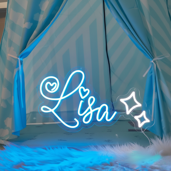 LISA LED Neon Name Sign by Neon.Shop adding vibrant LED glow to bedrooms, home offices, and living spaces.