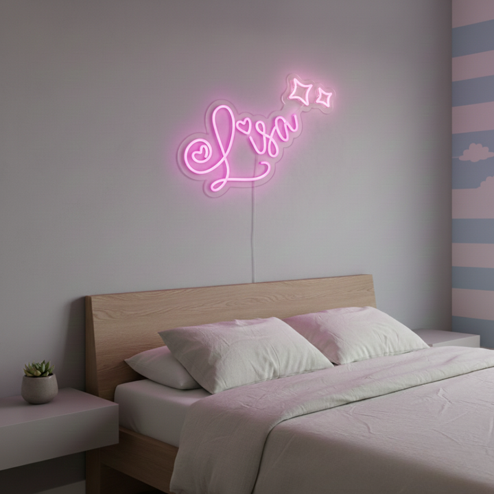 LISA LED Neon Name Sign by Neon.Shop adding vibrant LED glow to bedrooms, home offices, and living spaces.