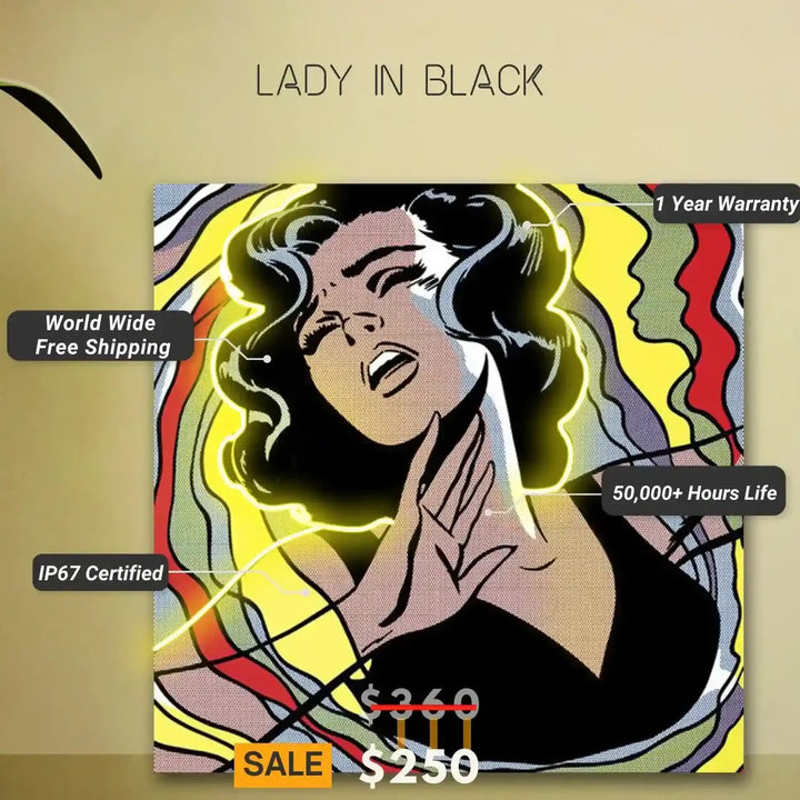 Lady in Black UV Light | Neon Artwork Illumination