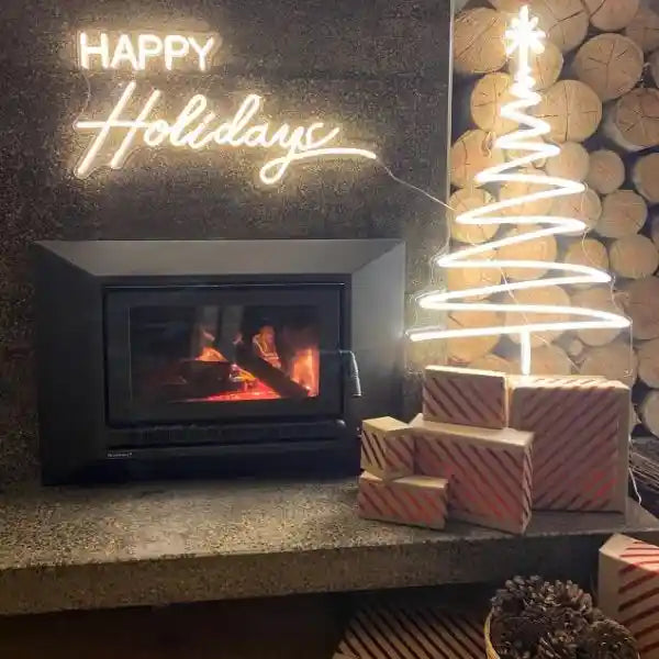 Large Modern Tree Merry Christmas Neon Sign by manhattanneons.com - Decorate your space with this sleek, modern tree neon sign.