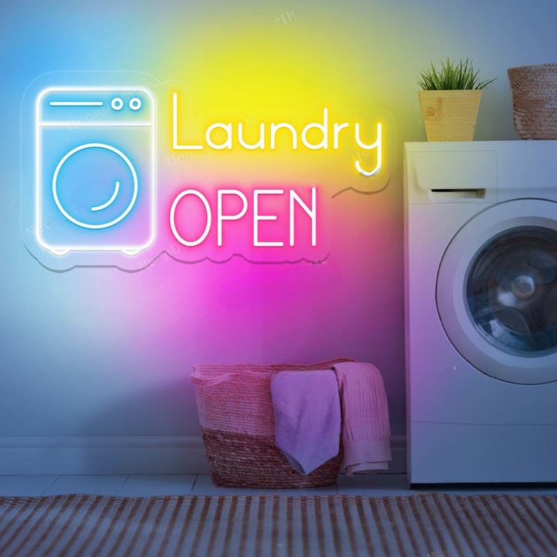 Laundry Open neon sign by Neon.Shop attracting clients to a laundromat day and night