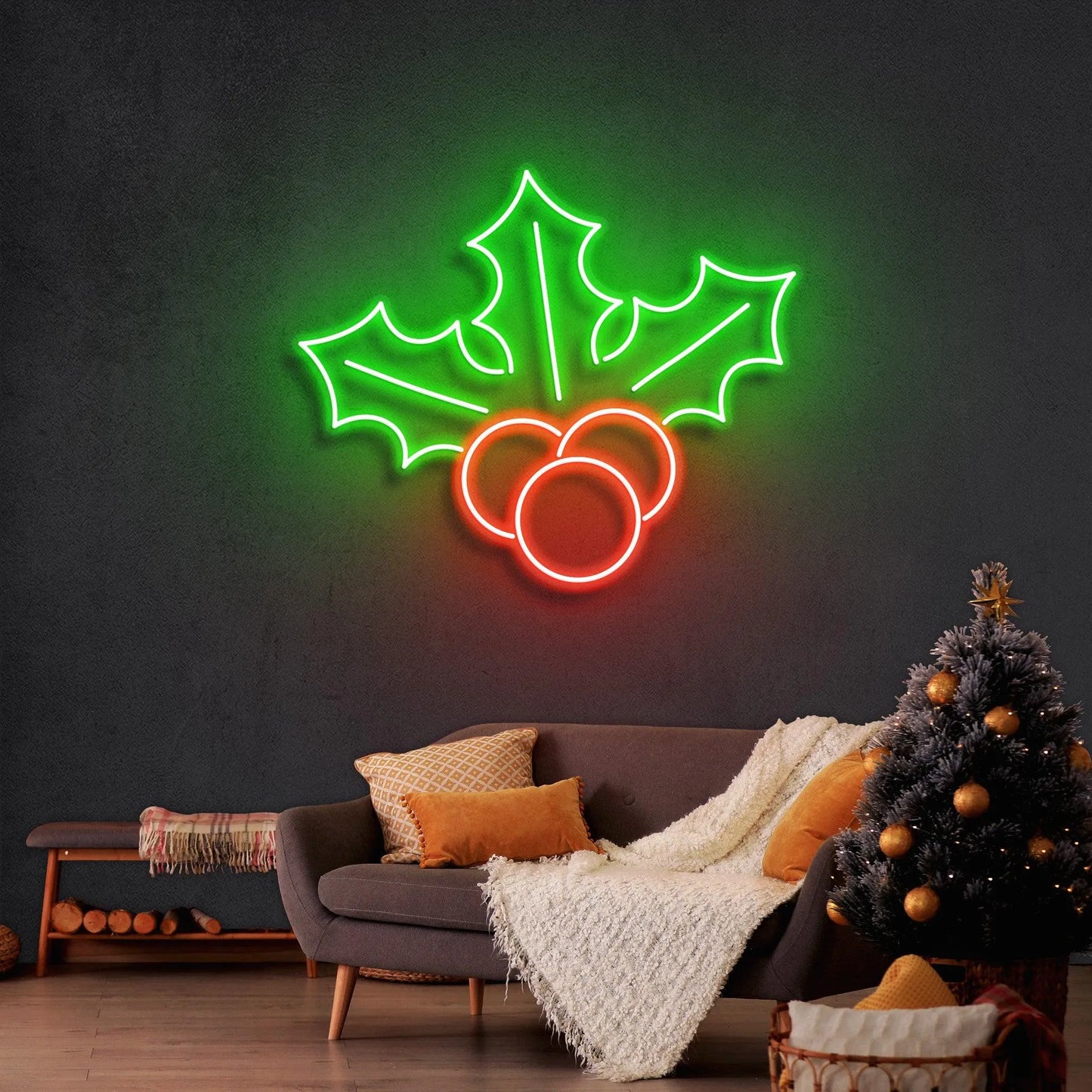 Leaves Merry Christmas Neon Sign by Neon.Shop featuring glowing leaf elements and “Merry Christmas” text for holiday décor.