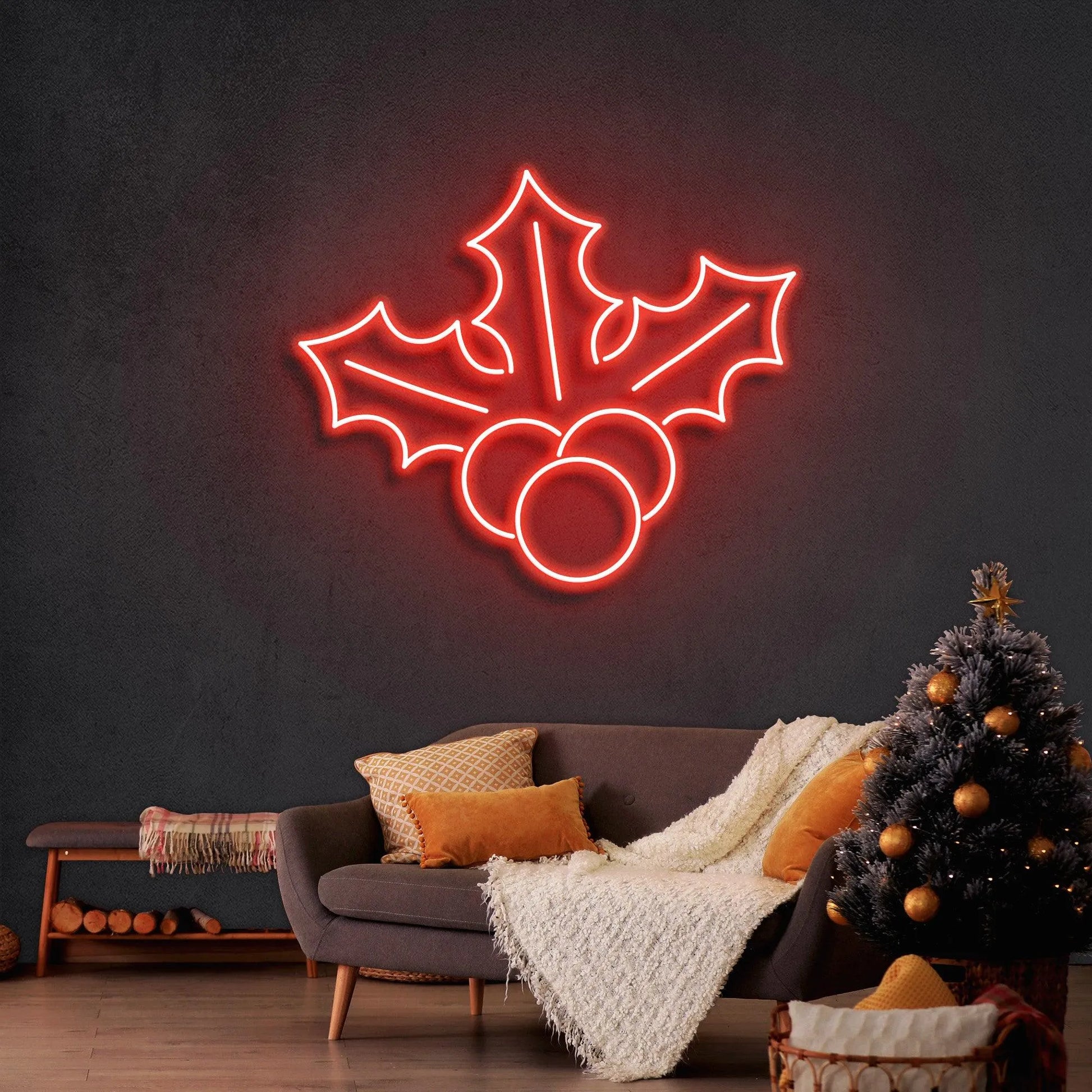 Leaves Merry Christmas Neon Sign by Neon.Shop featuring glowing leaf elements and “Merry Christmas” text for holiday décor.