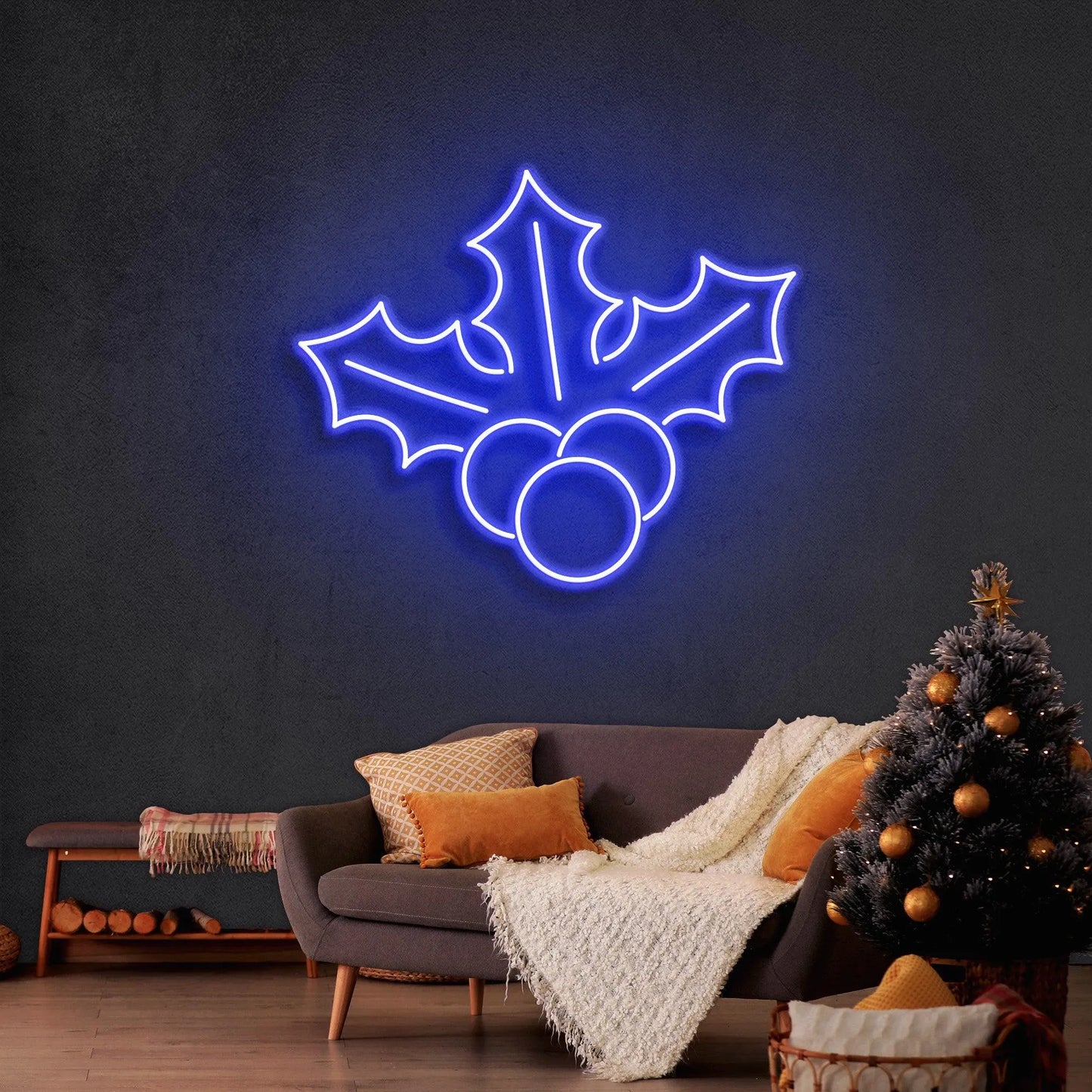 Leaves Merry Christmas Neon Sign by Neon.Shop featuring glowing leaf elements and “Merry Christmas” text for holiday décor.