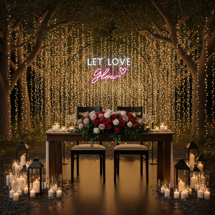 Let Love Glow Wedding LED Neon Sign glowing at reception by Neon.Shop