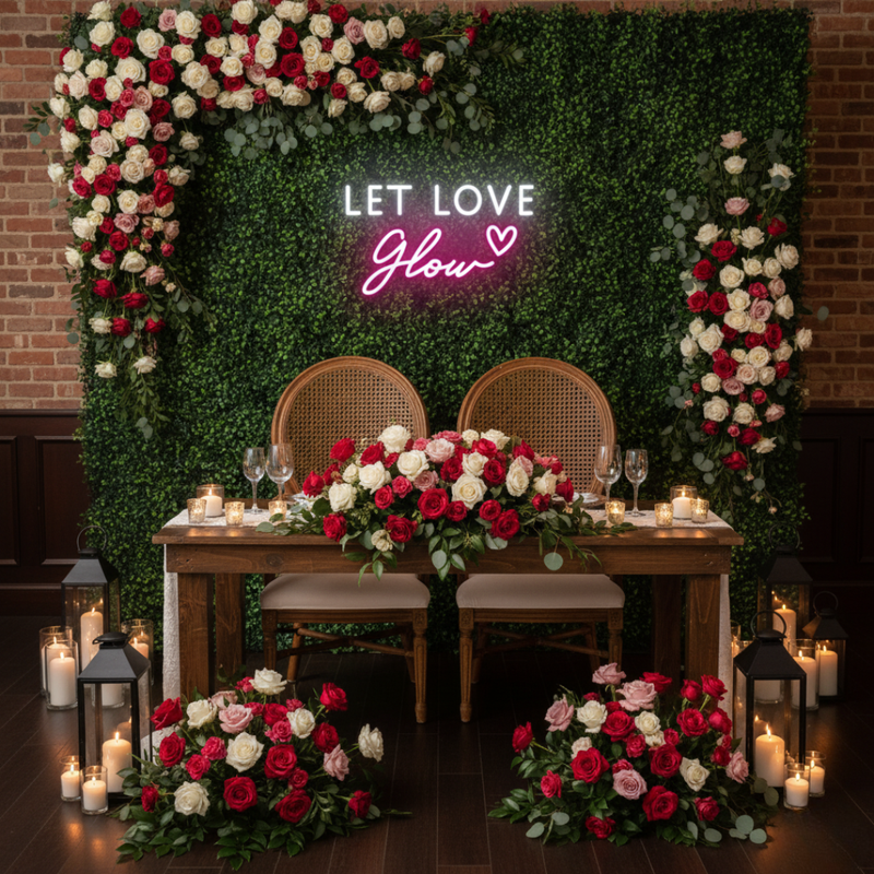 Let Love Glow Wedding LED Neon Sign glowing at reception by Neon.Shop