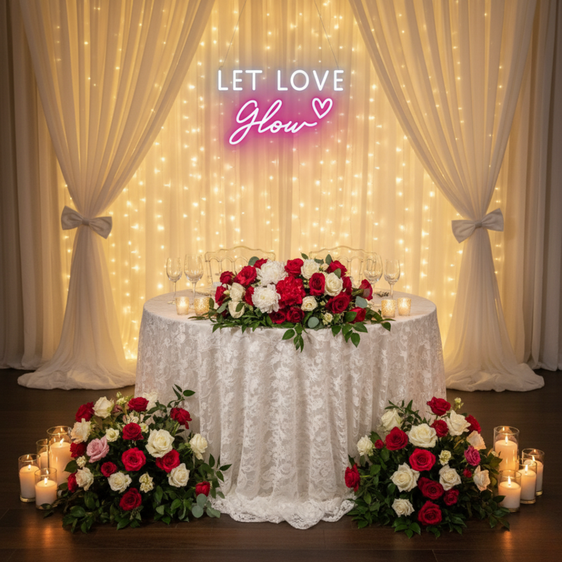 Let Love Glow Wedding LED Neon Sign glowing at reception by Neon.Shop