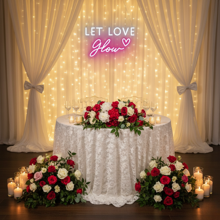 Let Love Glow Wedding LED Neon Sign glowing at reception by Neon.Shop
