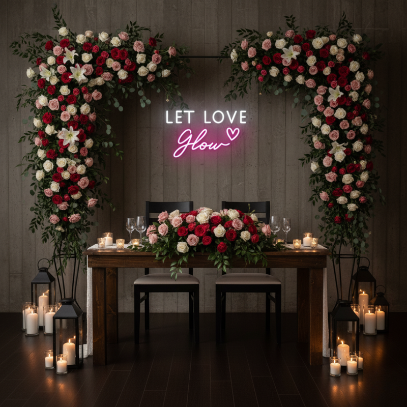 Let Love Glow Wedding LED Neon Sign glowing at reception by Neon.Shop