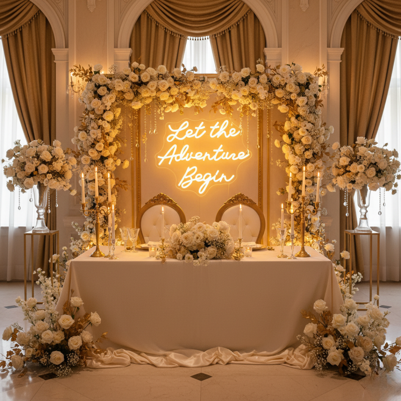 Let the Adventure Begin wedding LED neon sign glowing on backdrop – Neon.Shop