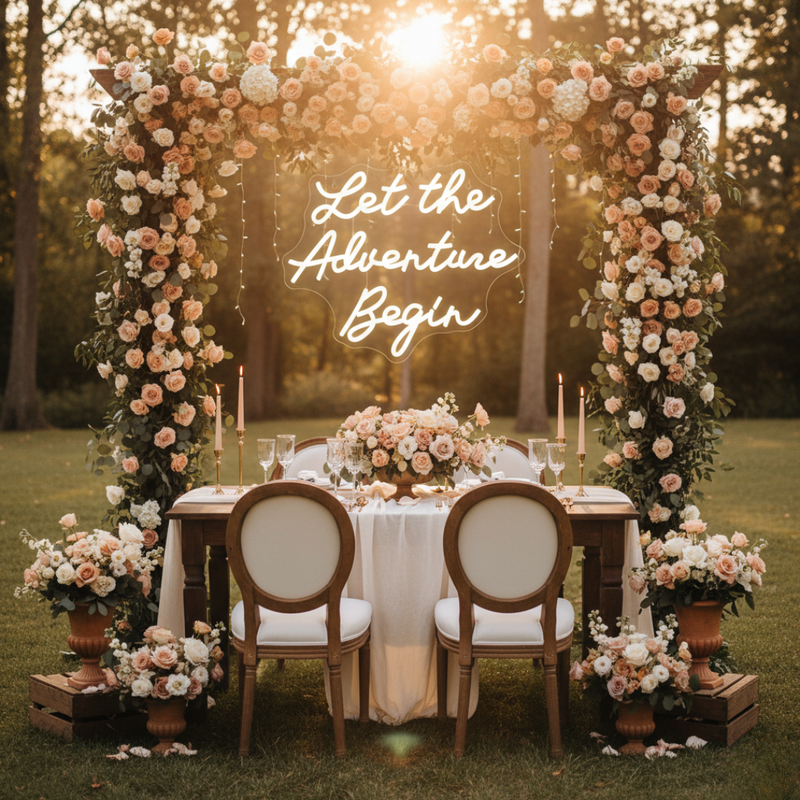 Let the Adventure Begin wedding LED neon sign glowing on backdrop – Neon.Shop