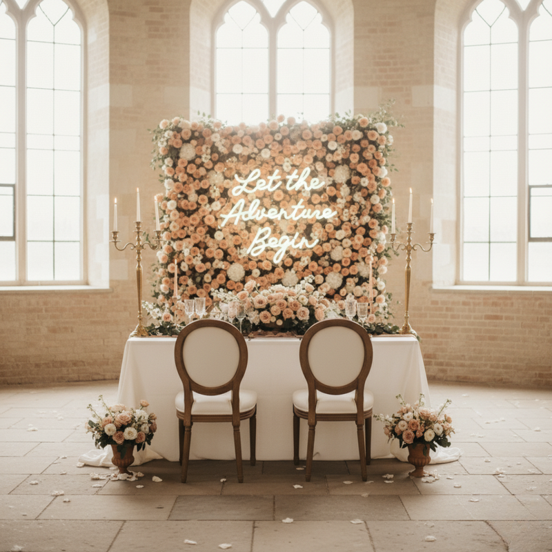Let the Adventure Begin wedding LED neon sign glowing on backdrop – Neon.Shop