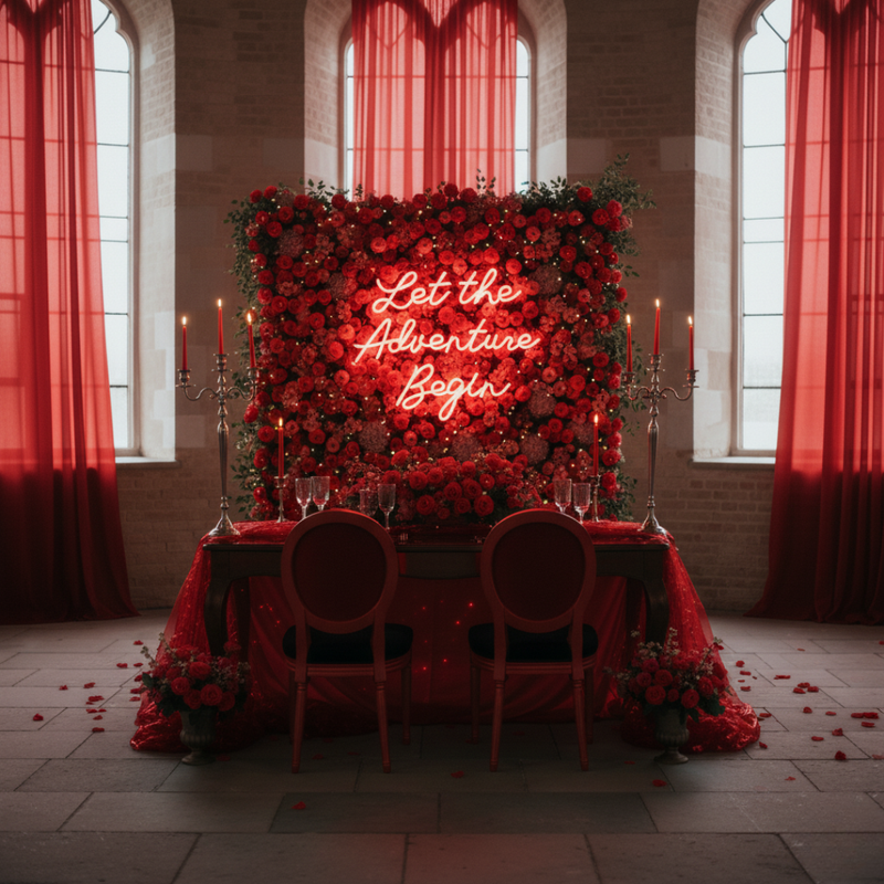 Let the Adventure Begin wedding LED neon sign glowing on backdrop – Neon.Shop
