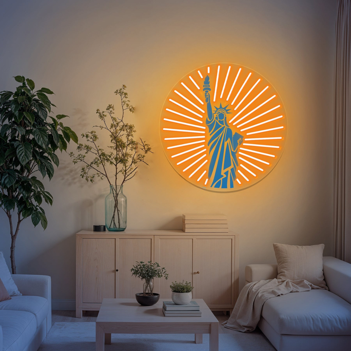Liberty inspirational UV printed LED neon sign by Neon.Shop glowing on a wall as modern motivational neon décor