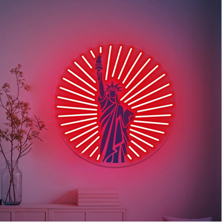 Liberty inspirational UV printed LED neon sign by Neon.Shop glowing on a wall as modern motivational neon décor