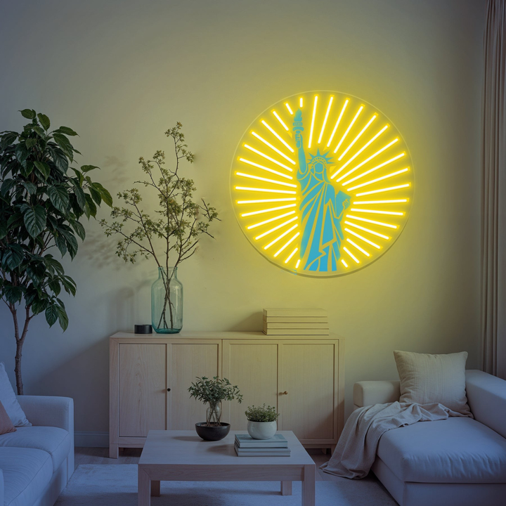 Liberty inspirational UV printed LED neon sign by Neon.Shop glowing on a wall as modern motivational neon décor