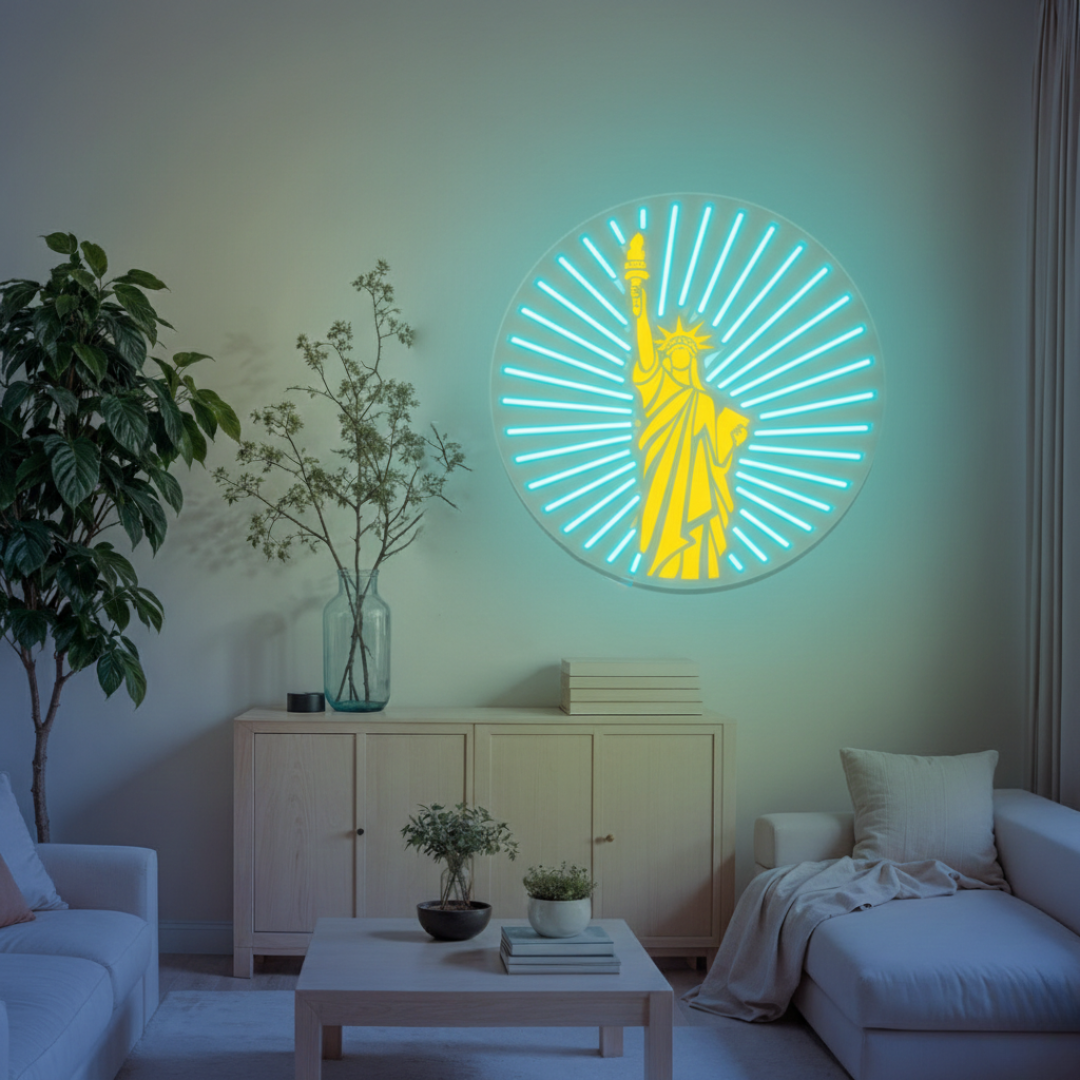 Liberty inspirational UV printed LED neon sign by Neon.Shop glowing on a wall as modern motivational neon décor