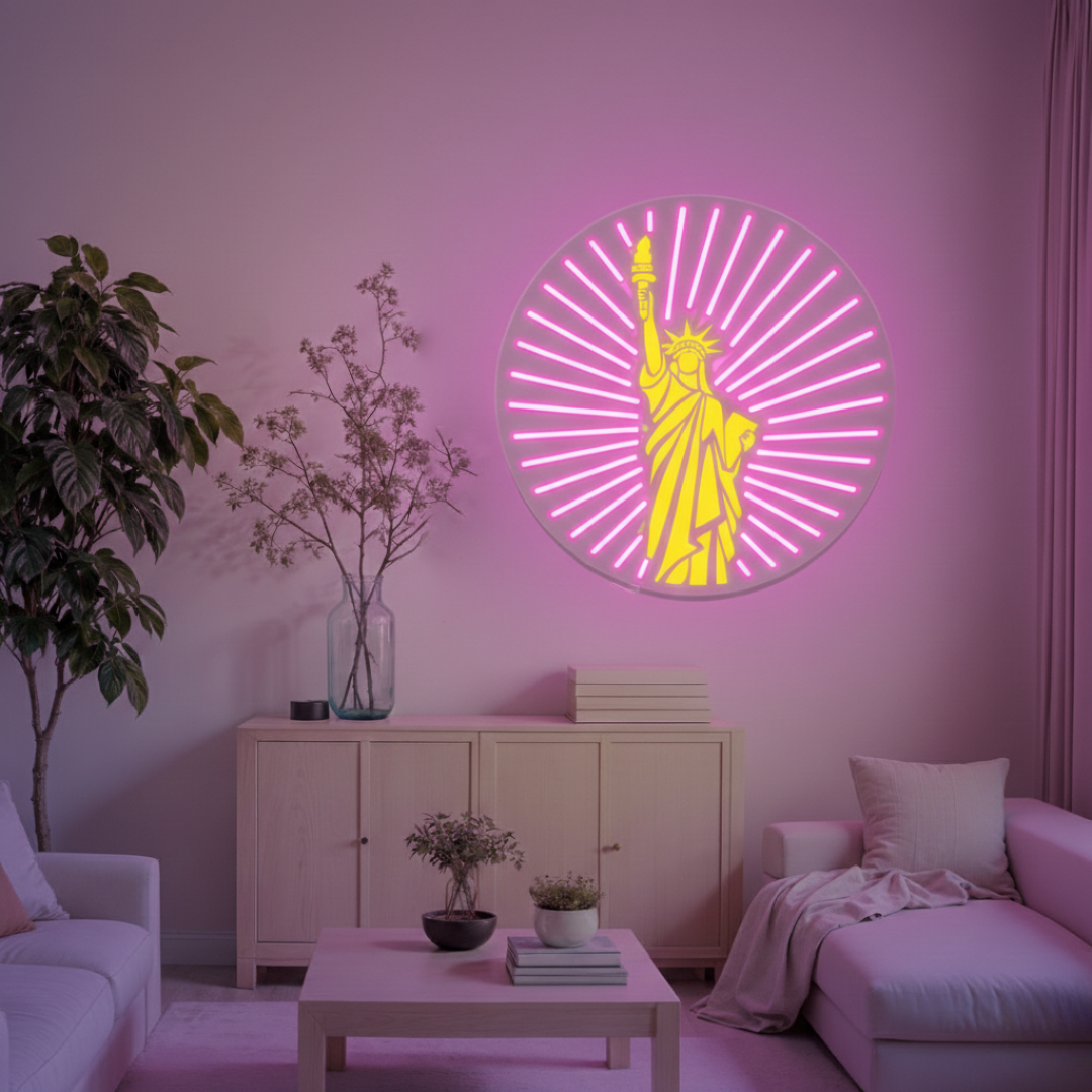 Liberty inspirational UV printed LED neon sign by Neon.Shop glowing on a wall as modern motivational neon décor