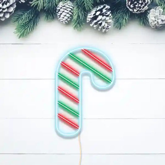 Light Up Candy Cane Merry Christmas Neon Sign by Neon.Shop glowing in LED light with candy cane and festive lettering design.