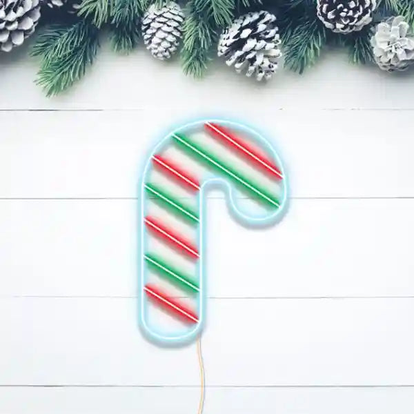 Light Up Candy Cane Merry Christmas Neon Sign by Neon.Shop glowing in LED light with candy cane and festive lettering design.