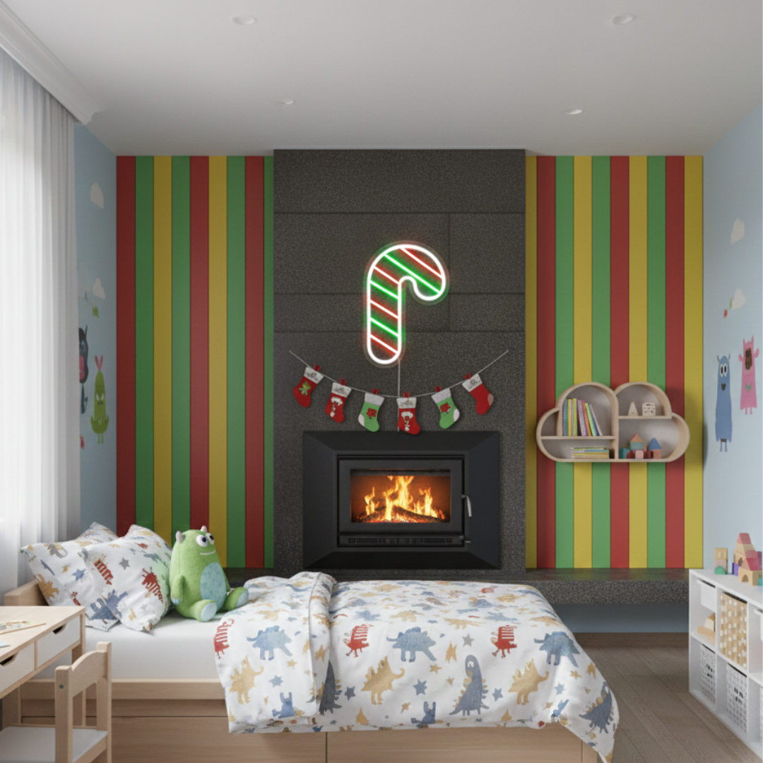 Light Up Candy Cane Merry Christmas Neon Sign by Neon.Shop glowing in LED light with candy cane and festive lettering design.