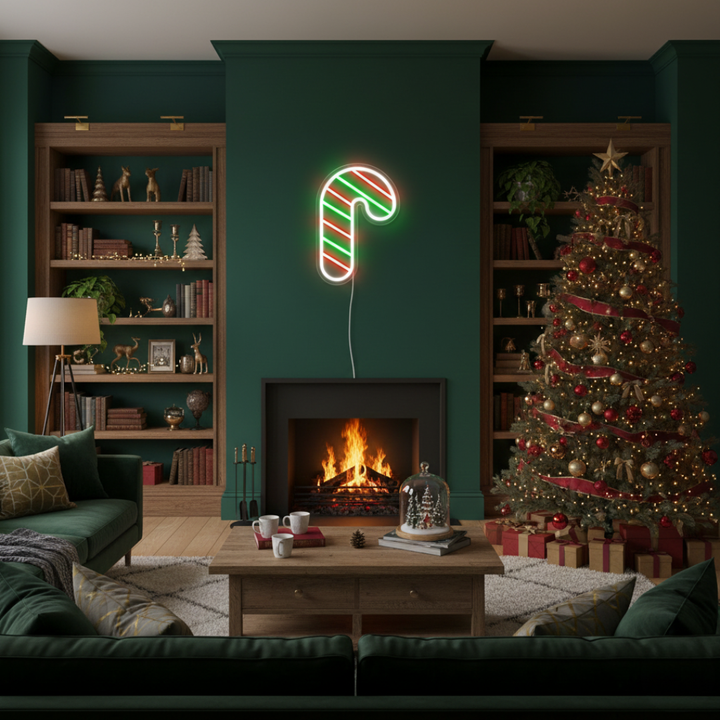 Light Up Candy Cane Merry Christmas Neon Sign by Neon.Shop glowing in LED light with candy cane and festive lettering design.