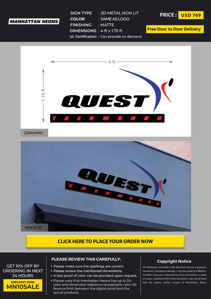 3D metal non-lit sign of Quest