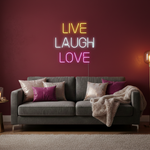 Live Laugh Love Valentine’s Day LED neon sign glowing in soft romantic colors, ideal for love-themed home décor by Neon.Shop