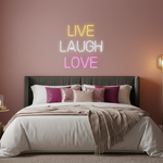 Live Laugh Love Valentine’s Day LED neon sign glowing in soft romantic colors, ideal for love-themed home décor by Neon.Shop