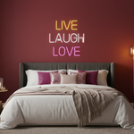 Live Laugh Love Valentine’s Day LED neon sign glowing in soft romantic colors, ideal for love-themed home décor by Neon.Shop