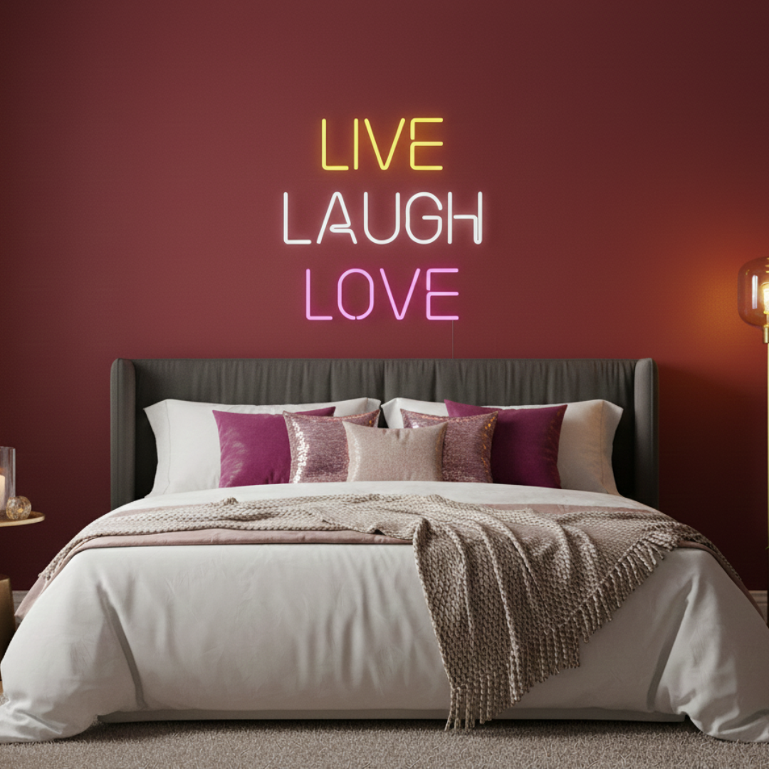 Live Laugh Love Valentine’s Day LED neon sign glowing in soft romantic colors, ideal for love-themed home décor by Neon.Shop