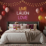 Live Laugh Love Valentine’s Day LED neon sign glowing in soft romantic colors, ideal for love-themed home décor by Neon.Shop