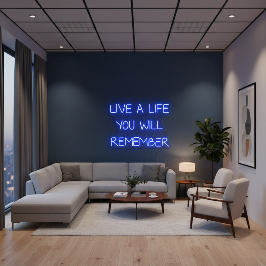 Live a Life You Will Remember Neon Sign glowing on wall by Neon.Shop