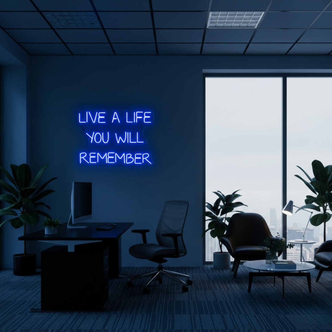 Live a Life You Will Remember Neon Sign glowing on wall by Neon.Shop