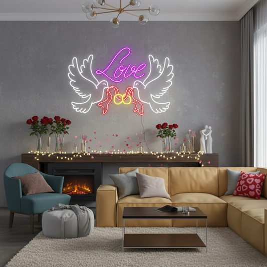Love Dove Rings Valentine’s Day Neon Sign glowing on wall for romantic décor by Neon.Shop