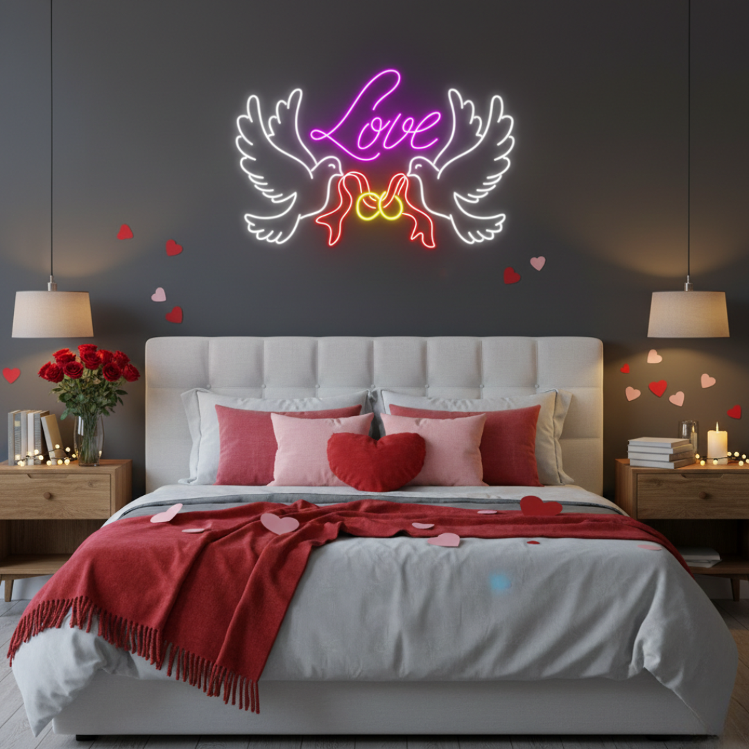 Love Dove Rings Valentine’s Day Neon Sign glowing on wall for romantic décor by Neon.Shop