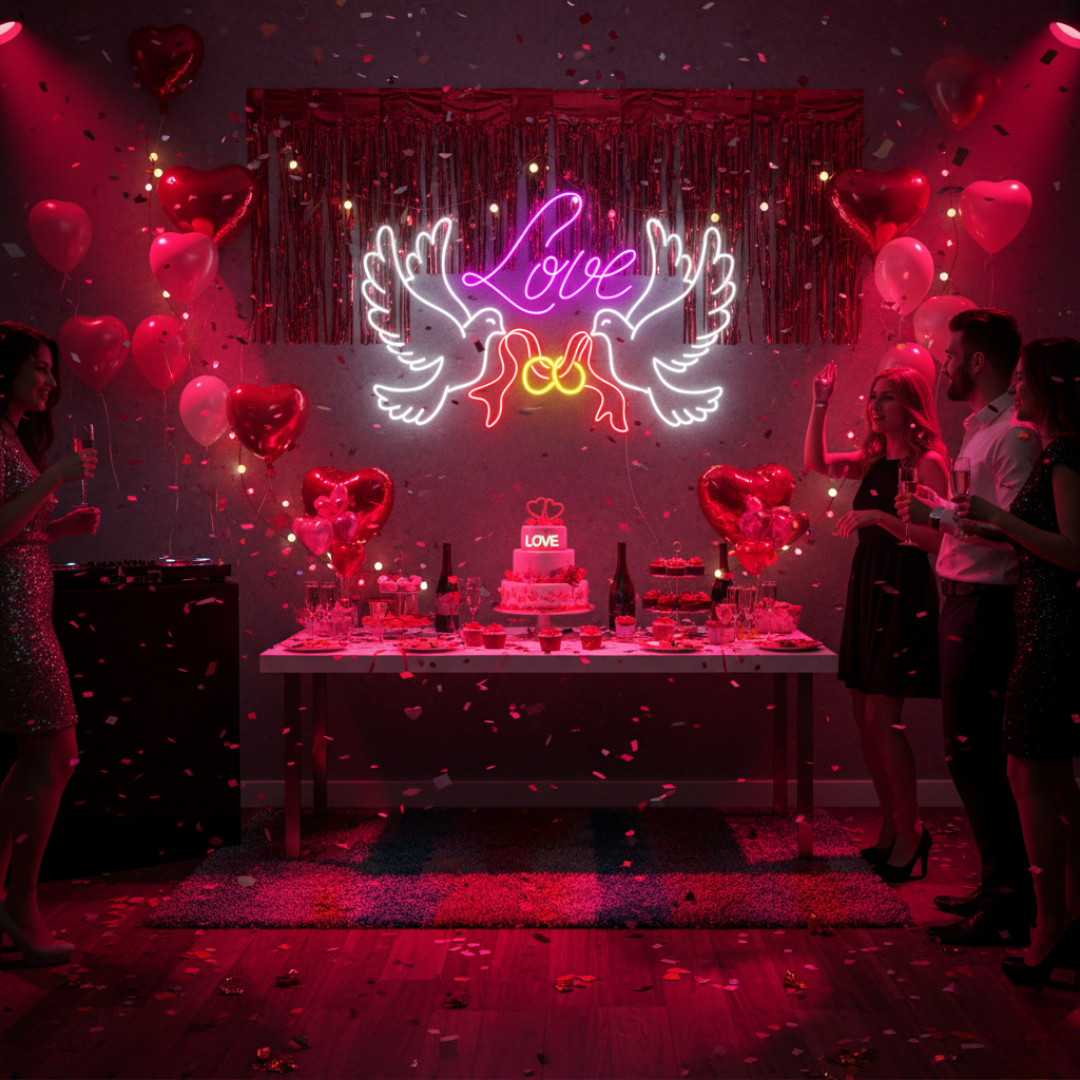 Love Dove Rings Valentine’s Day Neon Sign glowing on wall for romantic décor by Neon.Shop