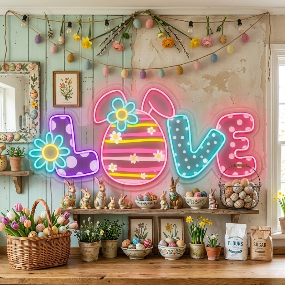 Love Floral Egg Easter LED neon sign glowing on wall with colorful floral egg design for home, nursery, Easter party, or shop display by Neon.Shop.