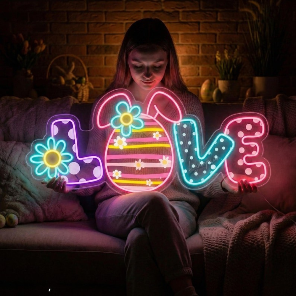 Love Floral Egg Easter LED neon sign glowing on wall with colorful floral egg design for home, nursery, Easter party, or shop display by Neon.Shop.