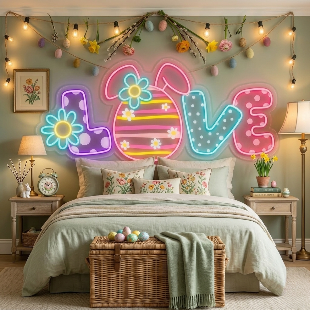 Love Floral Egg Easter LED neon sign glowing on wall with colorful floral egg design for home, nursery, Easter party, or shop display by Neon.Shop.