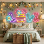 Love Floral Egg Easter LED neon sign glowing on wall with colorful floral egg design for home, nursery, Easter party, or shop display by Neon.Shop.