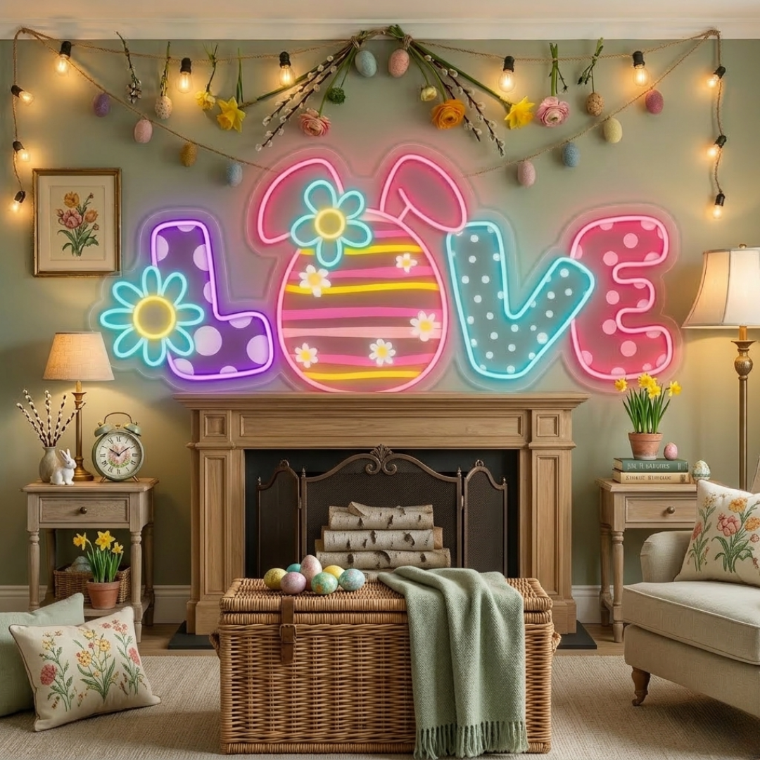 Love Floral Egg Easter LED neon sign glowing on wall with colorful floral egg design for home, nursery, Easter party, or shop display by Neon.Shop.