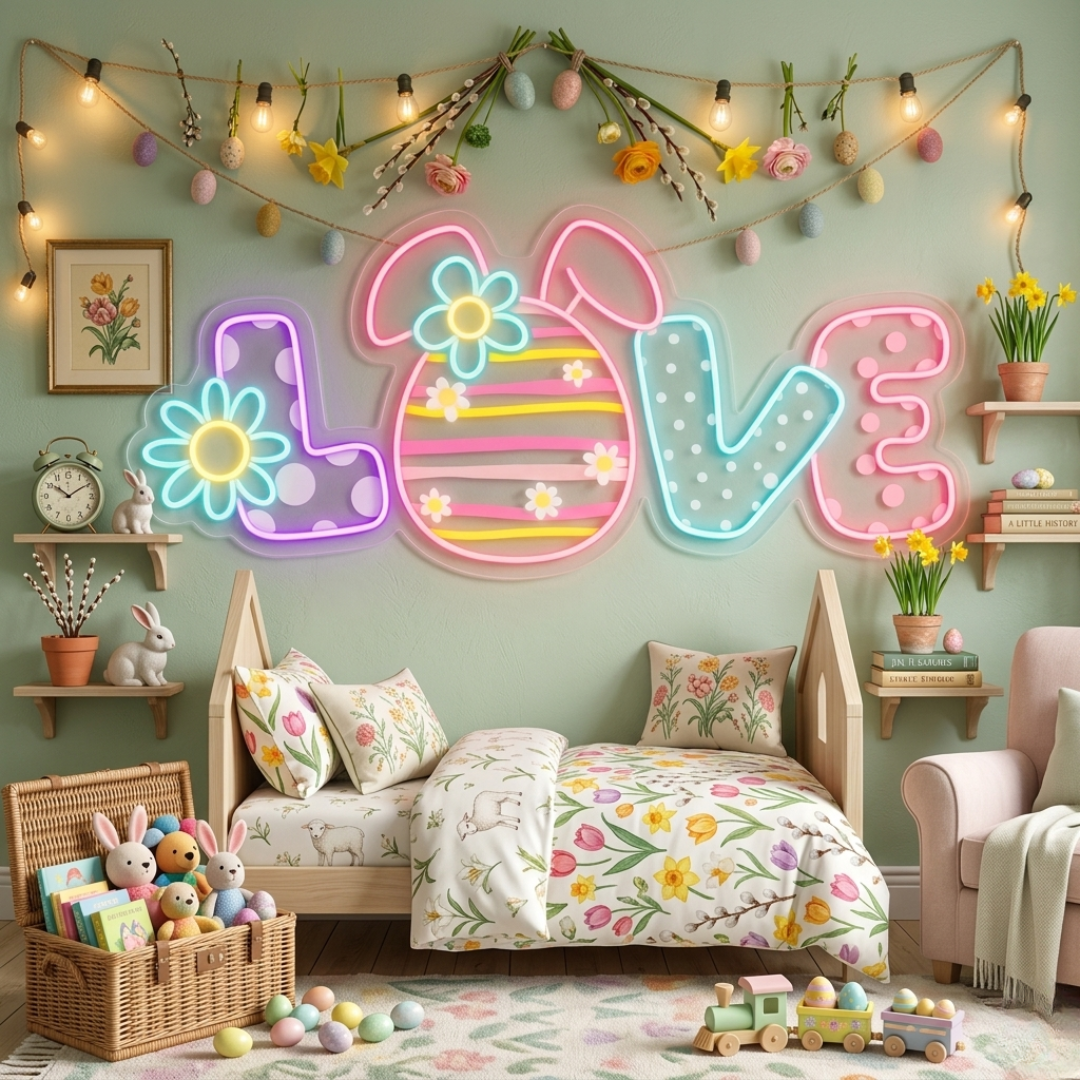 Love Floral Egg Easter LED neon sign glowing on wall with colorful floral egg design for home, nursery, Easter party, or shop display by Neon.Shop.