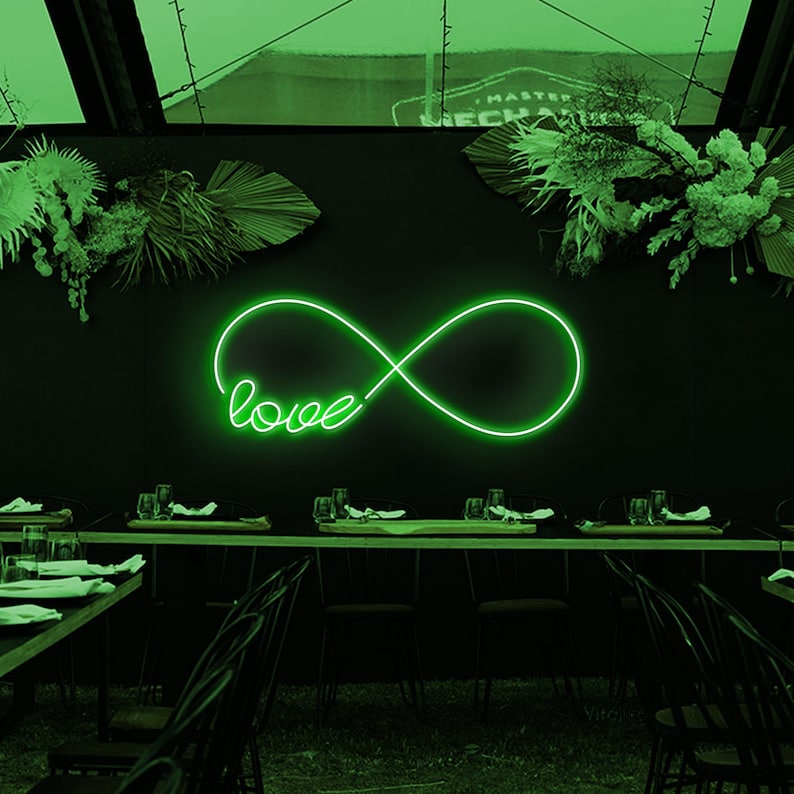 Love Infinity Valentine’s Day LED neon sign glowing with romantic light, symbolizing eternal love by Neon.Shop