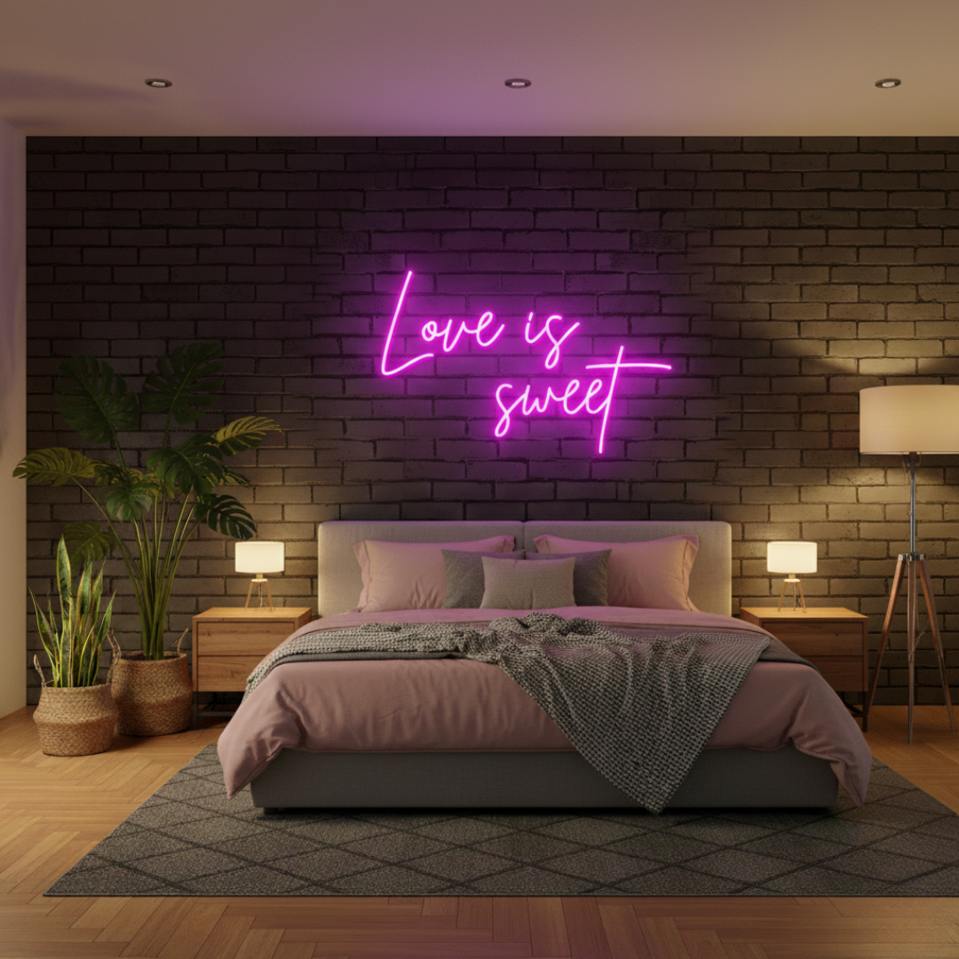 Love Is Sweet Valentine’s Day neon sign glowing in warm LED lights, romantic wall décor by Neon.Shop