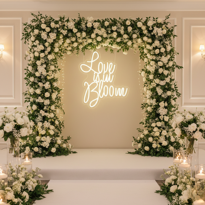 Love Is in Bloom wedding reception LED neon sign by Neon.Shop wedding Arch 