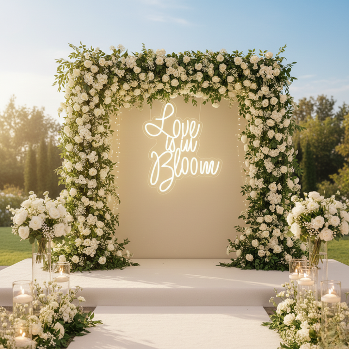 Love Is in Bloom wedding reception LED neon sign by Neon.Shop Outdoor 